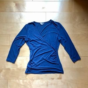 Boden blue faux wrap top, 3/4 sleeves, size 8